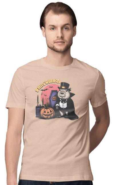 Men's t-shirt with prints Capybara Halloween. Animal, capybara, ghost, halloween, holiday, moon, pumpkin, rodent, vampire. 2070702