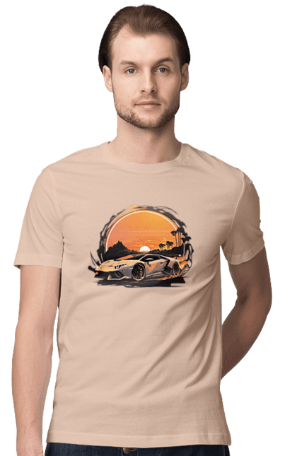 Men`s t-shirt with prints Lamborghini at sunset. Car, cars, lamba, lamborghini, lamborghini at sunset. 2070702