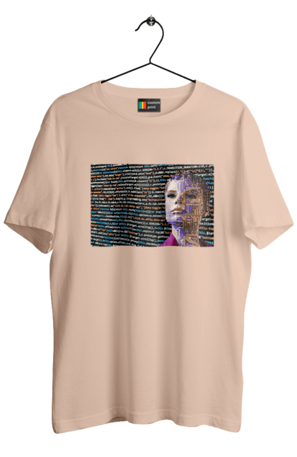 Футболка чоловіча з принтом "Штучний Розум". Айті, айтішник, гик, жінка, знання, інженер, інтелект, кібер, кібернетика, кіборг, код, комп, комп`ютерник, кристал, машинне навчання, мікросхема, мозок, портрет, програміст, професіонал, професія, розробник, розум, світиться, світло, хакер, чіп, штучний інтелект, штучний розум. 2070702