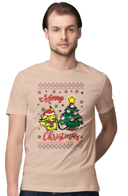 Men`s t-shirt with prints Pikachu Merry Christmas!. Anime, christmas, game, manga, merry christmas, nintendo, pikachu, pokemon. 2070702