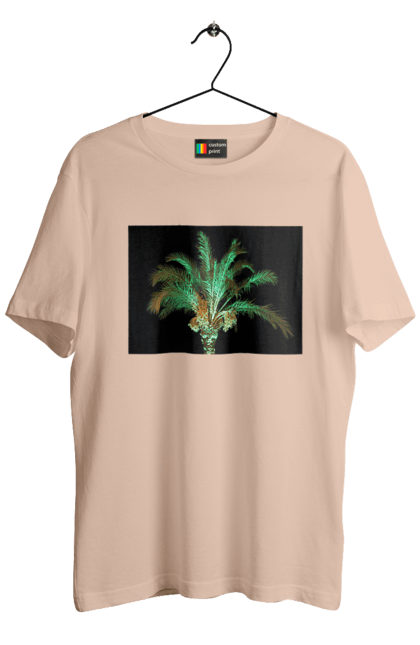 Футболка чоловіча з принтом "Фінікова Пальма Вночі". Берег, відпочинок, відпустка, зелений, море, ніч, оазис, океан, острів, пальма, південь, подорож, пригоди, тропіки, фінікова, чорне. 2070702