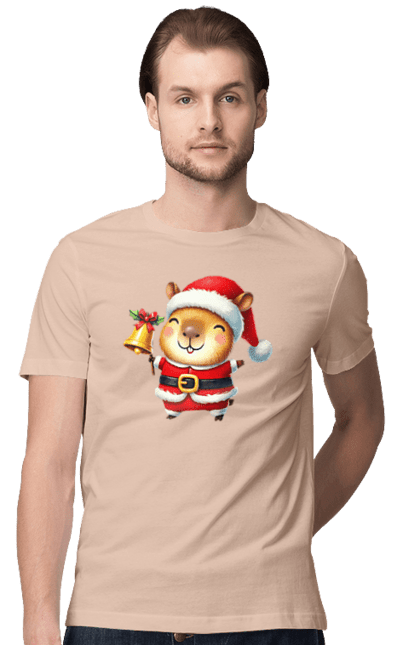 Men's t-shirt with prints Funny capybara with a bell. Animal, bell, capybara, christmas, christmas capybara, gift, holiday, new year, new year`s gift, santa. 2070702