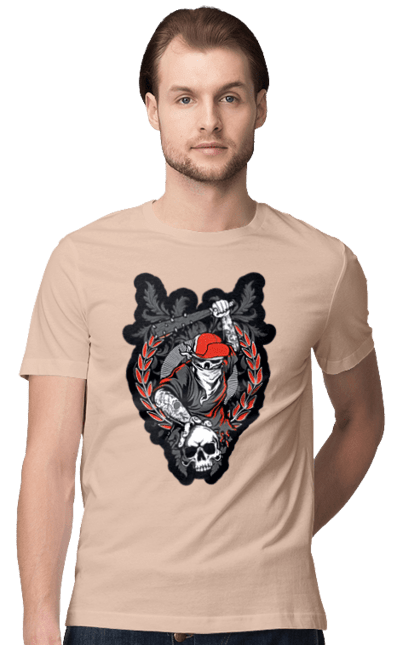 Men's t-shirt with prints Skeleton with a bat. Bit, bones, cap, gang, nails, scull, skeleton, tattoo, teeth. 2070702