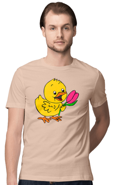 Men`s t-shirt with prints Chicken With A Tulip. Chick, tulip. 2070702