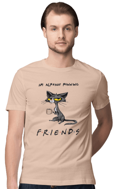 Футболка чоловіча з принтом "Друзі, вже біжу". Вже біжу, відвали, друзі, йди нахуй, кіт з чашкою, не вчіть жити, пародія серіал, сам собі друг, самотність сука, серіал кіт. 2070702