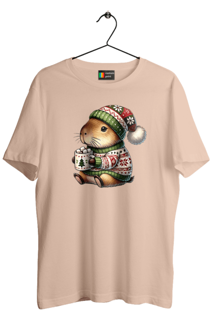 Men's t-shirt with prints Capybara with hot chocolate. Animal, capybara, christmas, christmas capybara, gift, holiday, hot chocolate, new year, santa. 2070702