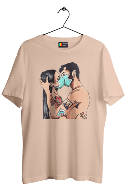 Футболка чоловіча з принтом "Коронавірусна Любов". Карантин, коронавірус, кохання, маска, поцілунок. 2070702