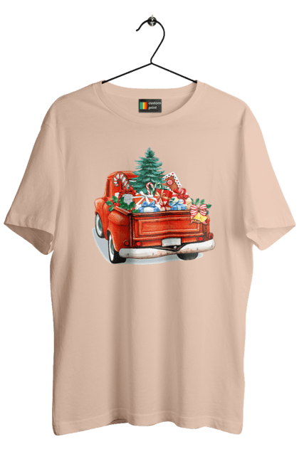 Men`s t-shirt with prints Car with gifts. Car, christmas, new year, presents, santa, tree. 2070702