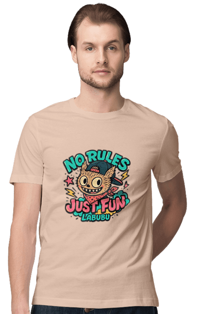 Футболка чоловіча з принтом "Лабубу". Norulesjustfun, y2k, бандана, вуличний стиль, грайливий, графіті, зухвалий, лабубу, ретромультяшка, яскраво. 2070702