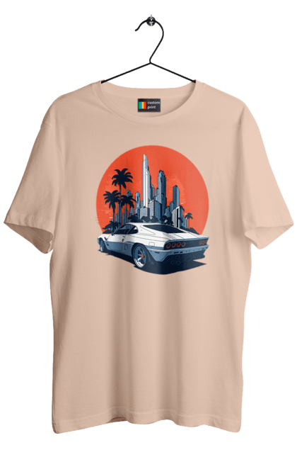 Футболка чоловіча з принтом "Авто". Гонка, захід сонця, спортивний автомобіль, швидкість. 2070702