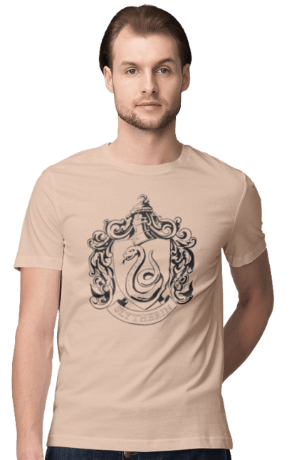 Men's t-shirt with prints Harry Potter Slytherin. Faculty, franchise, harry potter, hogwarts, slytherin. 2070702