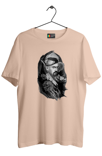 Футболка чоловіча з принтом "Козак". Вуса, квітки, козак, пістолет, справжній українець, чуб. 2070702