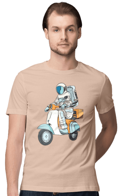 Футболка мужская с принтом Космонавт на мотоцикле. Космонавт, космос, мотоцикл. 2070702