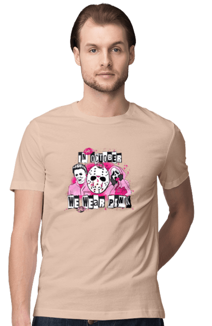 Men's t-shirt with prints In October we wear pink. Costume, halloween, holiday, horror, october, october 31, pink, villains. 2070702