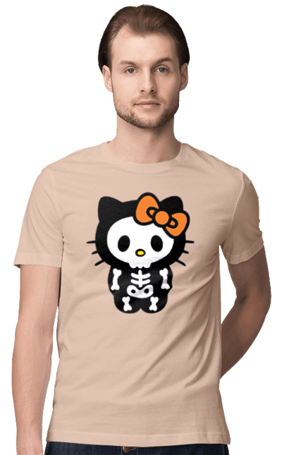 Футболка мужская с принтом Хелло Китти Хэллоуин. Halloween, hello kitty, zombie, бренд, зомби, котенок, персонаж, скелет, хелло китти, хэллоуин. 2070702