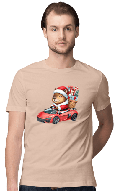 Men's t-shirt with prints Christmas Capybara with a Gift. Animal, capybara, car, christmas, christmas capybara, gift, holiday, new year, new year`s gift, santa. 2070702