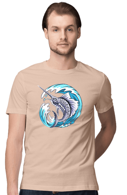 Men`s t-shirt with prints Fish Sword And Wave. Swordfish, wave. 2070702