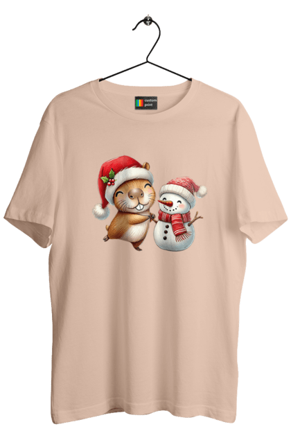 Men's t-shirt with prints Capybara and Snowman. Animal, capybara, christmas, christmas capybara, gift, holiday, new year, new year`s gift, santa, snowman. 2070702