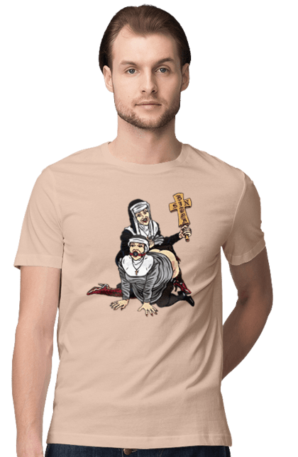 Футболка чоловіча з принтом "Монашки БДСМ". Бдсм, крута, модна, молодіжна, плескає по дупі, рок, рольові ігри, черниці бдсм, черницю, черниця. 2070702