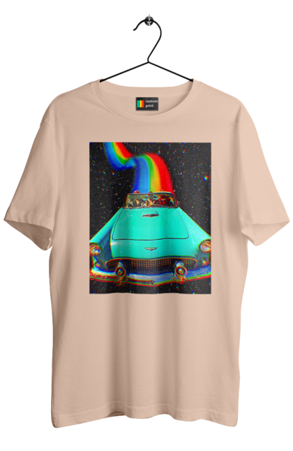 Футболка мужская с принтом Картина, машина в космосе. Картина, космос, машина, поездка, прикол, путешествия, радуга, ретро. 2070702
