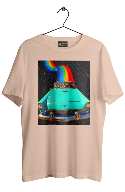 Футболка мужская с принтом Картина, машина в космосе. Картина, космос, машина, поездка, прикол, путешествия, радуга, ретро. 2070702