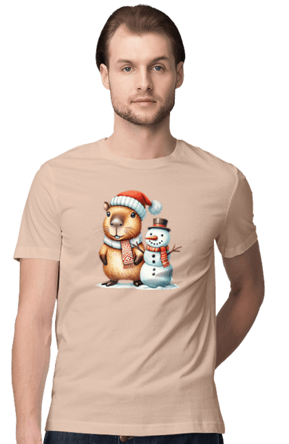 Men's t-shirt with prints Capybara and Snowman. Animal, capybara, christmas, christmas capybara, gift, holiday, new year, new year`s gift, santa, snowman. 2070702