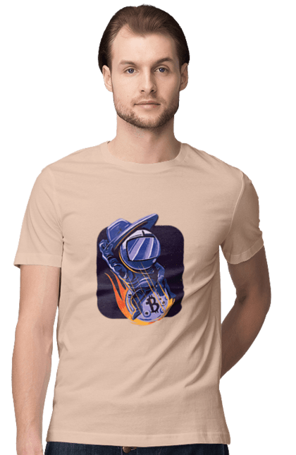 Футболка чоловіча з принтом "Космо біткоїн". Биткоин, бінарний, біткоїн, біткойн, валюта, гроші, крипто, програміст, хакер. 2070702