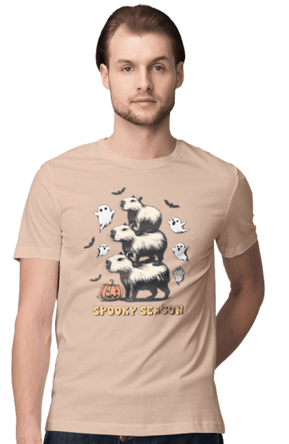 Men's t-shirt with prints Capybara Halloween. Animal, capybara, ghost, halloween, holiday, moon, pumpkin, rodent. 2070702