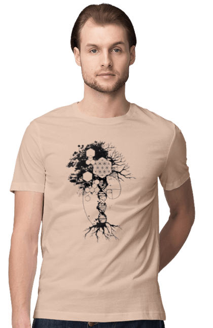 Футболка чоловіча з принтом "Древо життя". Геном людини, дерево життя, золотий перетин, квітка життя, сакральна геометрія, таємниця світобудови, таємниця числа фібоначчі, число бога, число фібоначчі. 2070702