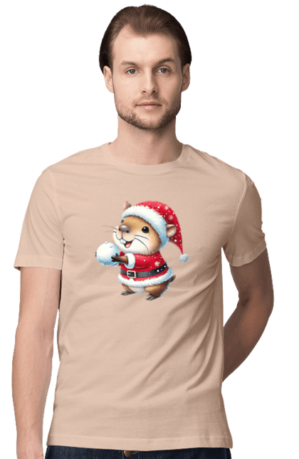 Men's t-shirt with prints Capybara playing snowballs. Animal, capybara, christmas, christmas capybara, game, gift, holiday, new year, santa, snowballs. 2070702