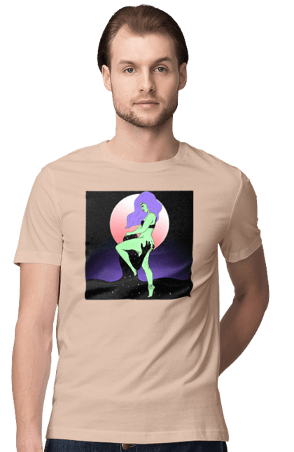 Футболка чоловіча з принтом "Зелена Дівчина І Місяць". Інопланетянка, місяць. 2070702