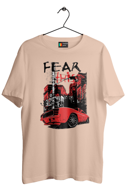 Men`s t-shirt with prints Red Car In The City. Riding, town. 2070702