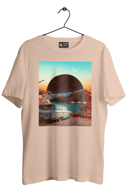 Футболка мужская с принтом Картина, машина у речки. Картина, машина, планета, прикол, река, ретро. 2070702