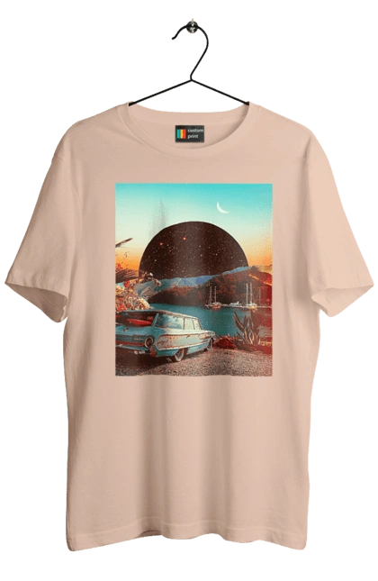 Футболка мужская с принтом Картина, машина у речки. Картина, машина, планета, прикол, река, ретро. 2070702