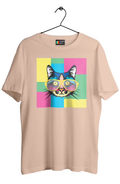 Men's t-shirt with prints Cat with glasses. Animal, art, bright, cat, cat, glasses, mustache, picture, wool. 2070702