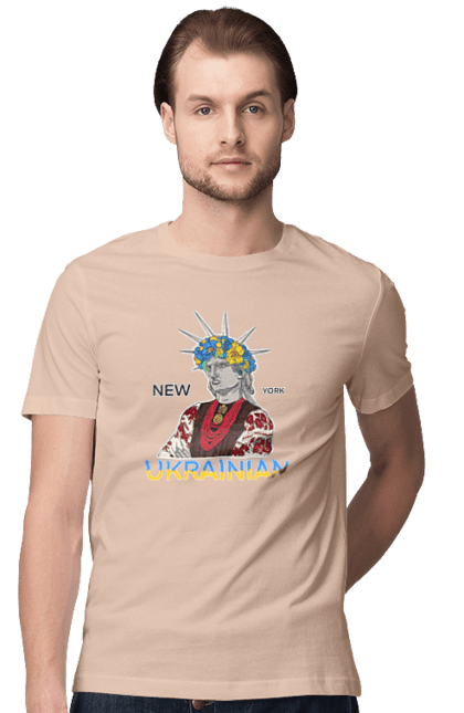 Men`s t-shirt with prints UA & NY. Embroidered shirt, new york, statue of liberty, ukraine, wreath. 2070702