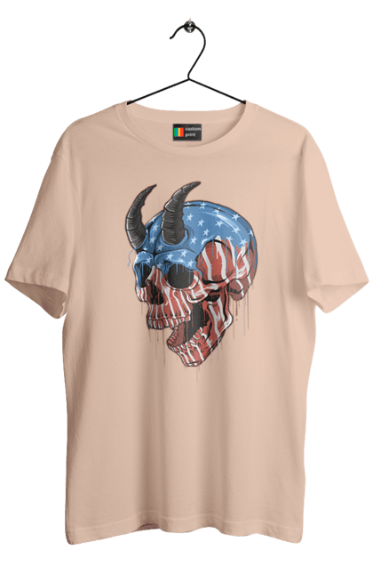 Men's t-shirt with prints Skull with horns. America, bones, dye, flag, horns, scull, states, teeth, usa. 2070702