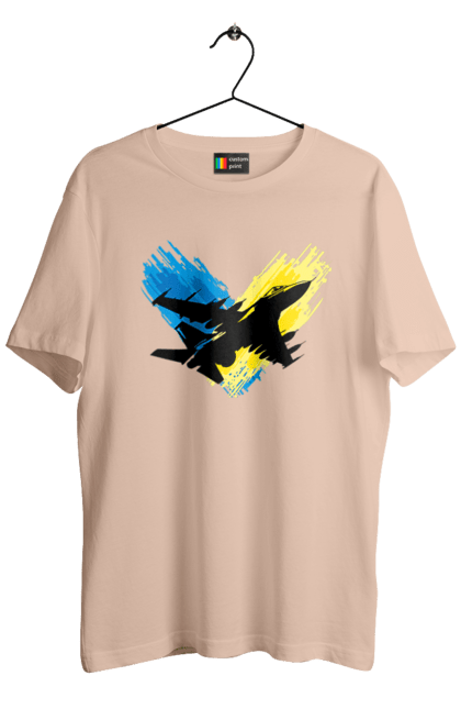 Футболка чоловіча з принтом "Літак F 16". З прапором, зсу, літак, літак f16, патріотична, прапор, ф16. 2070702