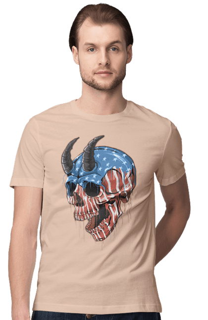 Men's t-shirt with prints Skull with horns. America, bones, dye, flag, horns, scull, states, teeth, usa. 2070702