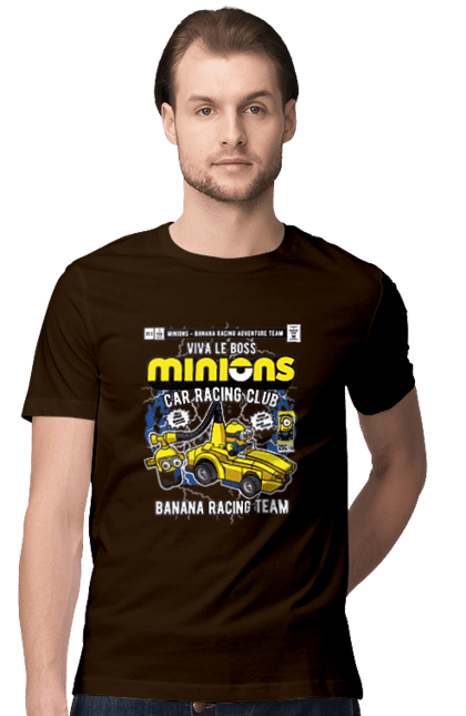 Футболка чоловіча з принтом "Minions Banana Racing Car". Банан, гоночний автомобіль, міньйон, міньйони. Funkotee