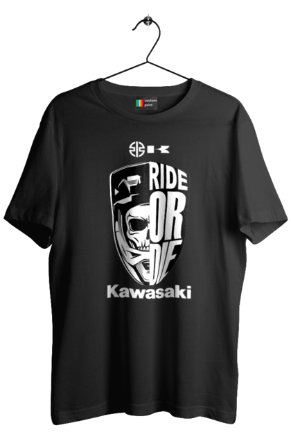 Футболка чоловіча з принтом "Kawasaki". Kawasaki, ride or die, бренд, мотоцикл, спорт, череп. CustomPrint.market