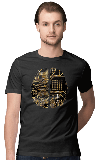 Футболка чоловіча з принтом "Мозок Айті". Айті, айтішник, гик, знання, золотий, золото, інженер, кібер, кібернетика, кіборг, код, комп, кристал, мікросхема, мозок, програміст, професіонал, професія, розробник, розум, чіп. 2070702