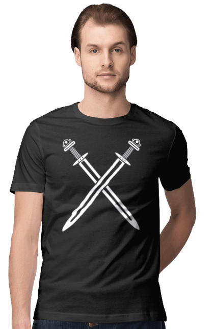 Men's t-shirt with prints Two crossed swords. Crossed swords, sword, swords, vikings, weapon. CustomPrint.market
