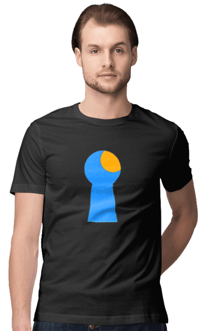 Футболка чоловіча з принтом "Замочная скважина". Відчини двері, двері, замок, ключ, свердловина, світло крізь, цікавість, щілина. 2070702