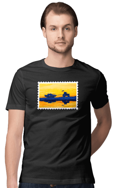 Футболка чоловіча з принтом "Нова марка, трактор що тягне танк". Добрий вечір, доброго вечора, марка, марка україни, марка укрпочта, ні війні, трактор тягне танк, тракторні війська, укрпочта. 2070702