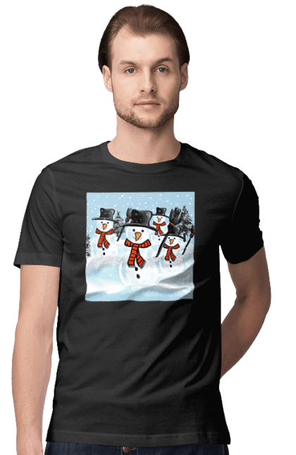 Футболка чоловіча з принтом "Новорічні сніговики". 2022, зима, настрій, новий рік, радість, різдво, святкування, свято, сезон, сніг, сніговик, снігопад, холод. ART принт на футболках