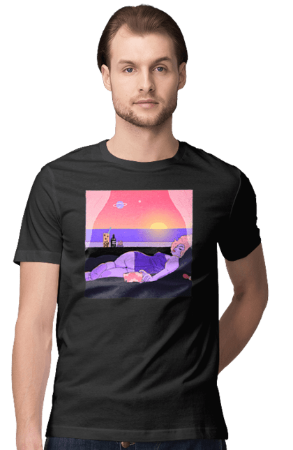 Футболка чоловіча з принтом "Фіолетова Дівчина На Відпочинку". Дівчина, захід, телефон. 2070702