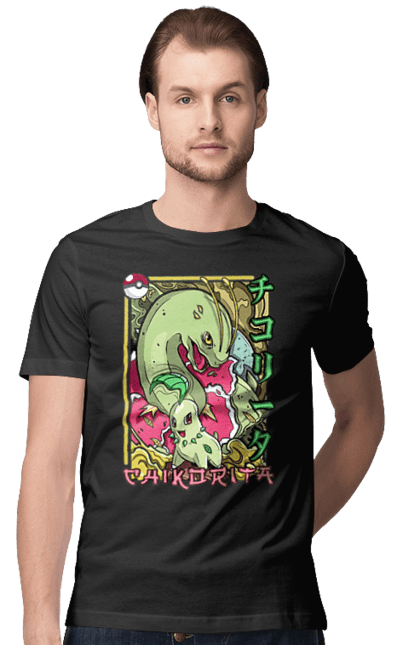 Men's t-shirt with prints Pokemon Chikorita. Anime, chikorita, games, nintendo, pokemon, pokemon go. 2070702