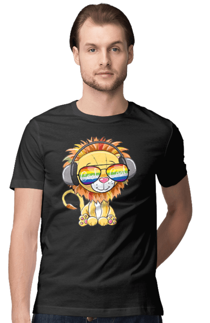 Футболка чоловіча з принтом "Левеня В Окулярах І Навушниках". Лев, левеня, навушники, окуляри. 2070702