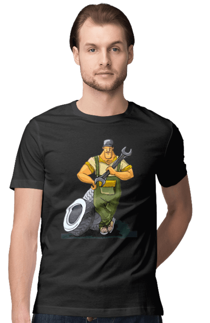 Футболка чоловіча з принтом "Автомайстер". Гайковий ключ, колеса, професія. 2070702